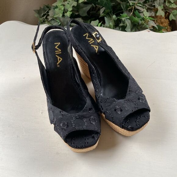 Mia Black Embroiled Floral Peep Toe Platform Raffia Espadrille Sandals Size 7M - Picture 5 of 15
